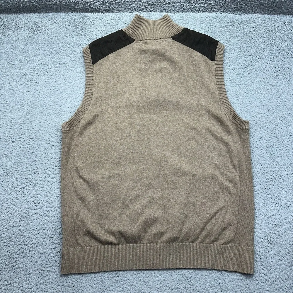 Roundtree & Yorke Mens Large Full Zip Sweater Vest Brown Knit Faux Leather Patch